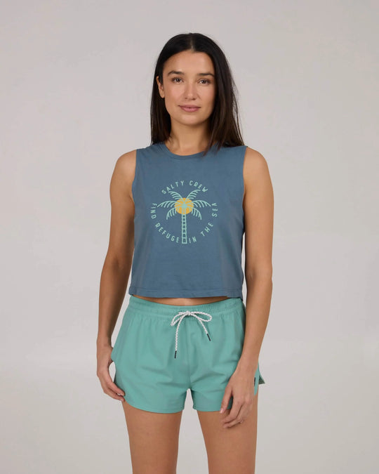 Salty Crew - Queen Palm Cropped Tank - Fin Blue