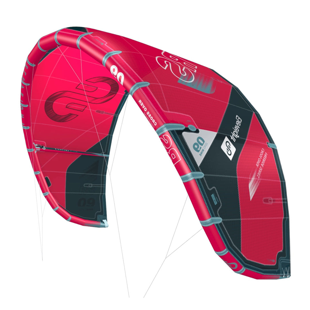 Red and black kite with branding on a white background