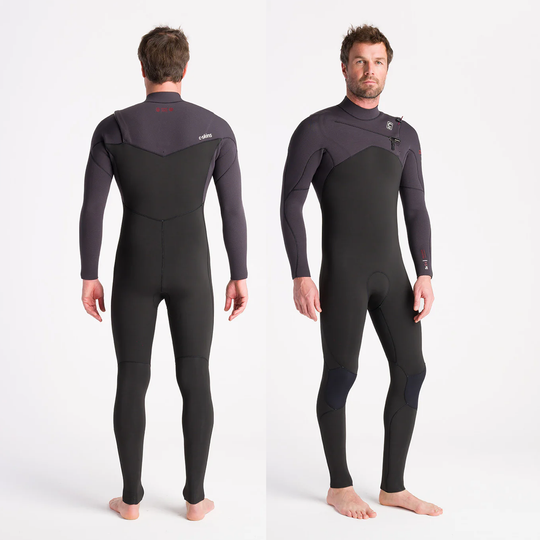 C-Skins NuWave Session FZ 5/4 herenwetsuit zwart, meteor en roest voor- en achteraanzicht